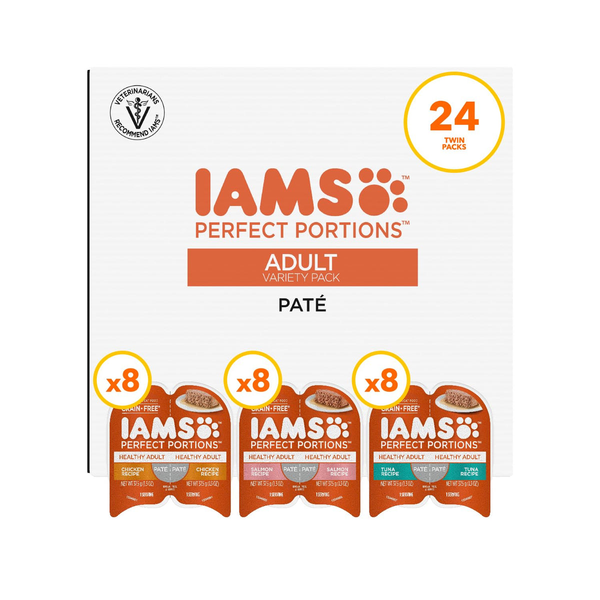 IAMS Perfect Portions Pate Wet Cat Food, Variety, 12 Count, 2-Pack | Grain-free, prebiotics & beet pulp for easy digestion, Omega 6 & 3 for skin & coat, snap-peel-serve 2.6 oz. twin-pack trays