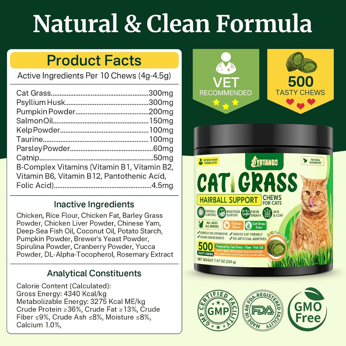 Cat Grass Treats Chews, Cat Treats for Indoor Cats 500 Ct, Hairball Control