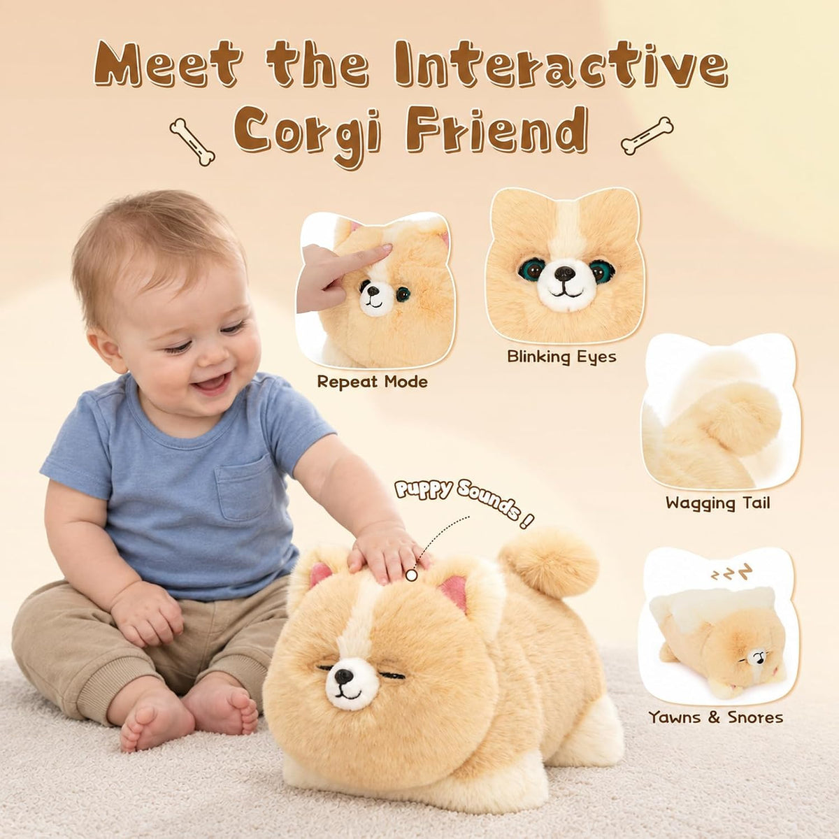 Corgi Plush Toy, 11.8" Electronic Interactive Sensory Toy for Kids