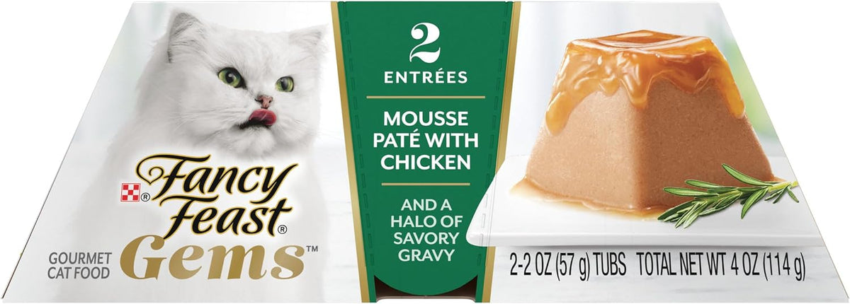 Purina Fancy Feast Gems Chicken Wet Cat Food Variety Box, 4 oz, 8-Pack | 16 single servings, mousse pate with savory gravy, made with no artificial preservatives, 100 percent complete and balanced