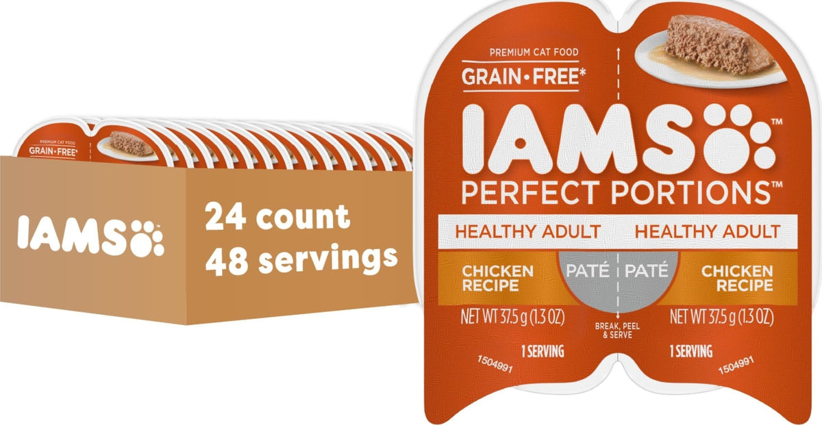 IAMS Perfect Portions Pate Wet Cat Food, Variety, 12 Count, 2-Pack | Grain-free, prebiotics & beet pulp for easy digestion, Omega 6 & 3 for skin & coat, snap-peel-serve 2.6 oz. twin-pack trays