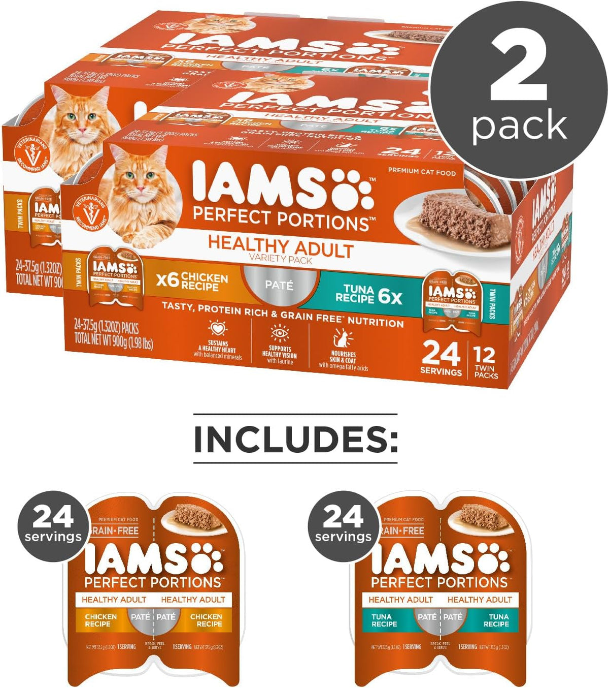 IAMS Perfect Portions Pate Wet Cat Food, Variety, 12 Count, 2-Pack | Grain-free, prebiotics & beet pulp for easy digestion, Omega 6 & 3 for skin & coat, snap-peel-serve 2.6 oz. twin-pack trays