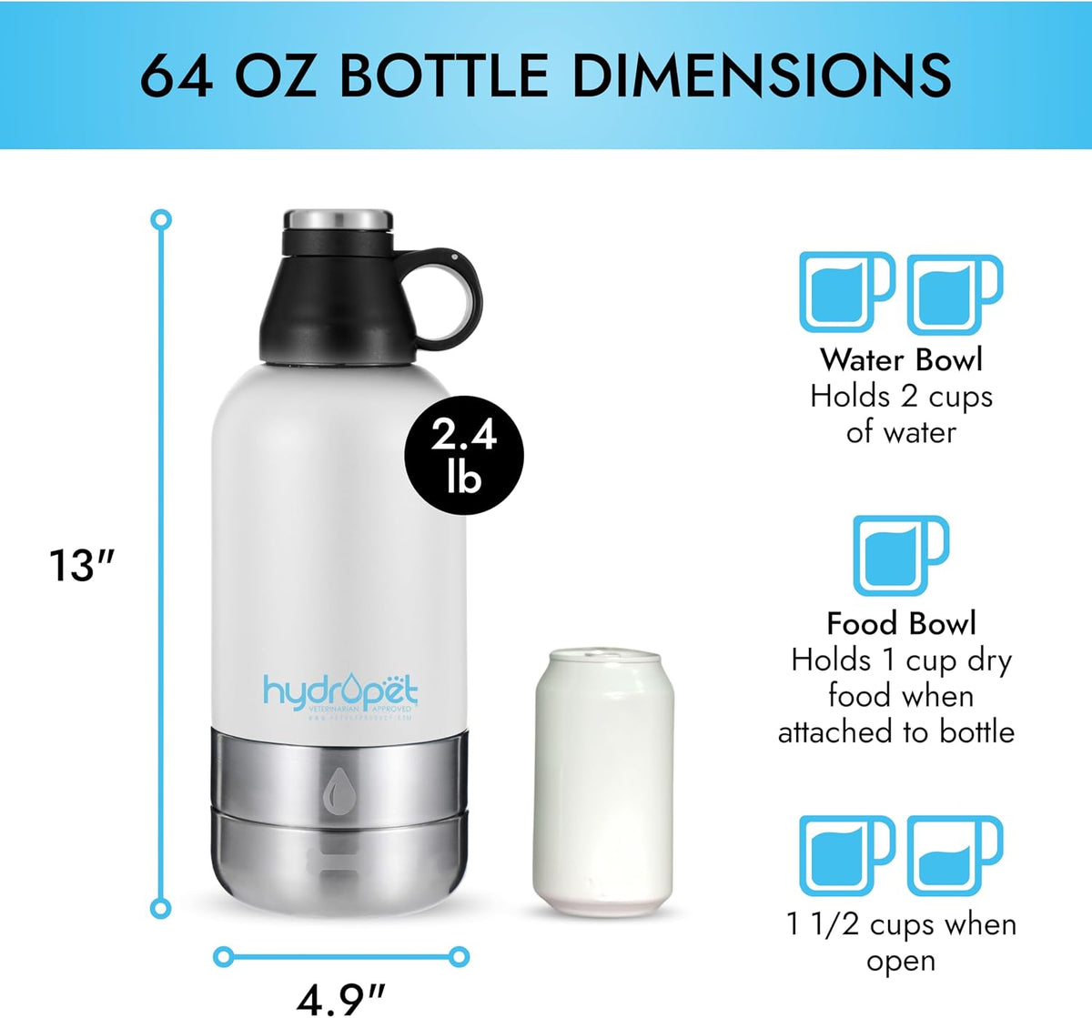 Hydropet Portable Dog Water Bottle 64oz Stainless Steel BPA Free Leak Proof
