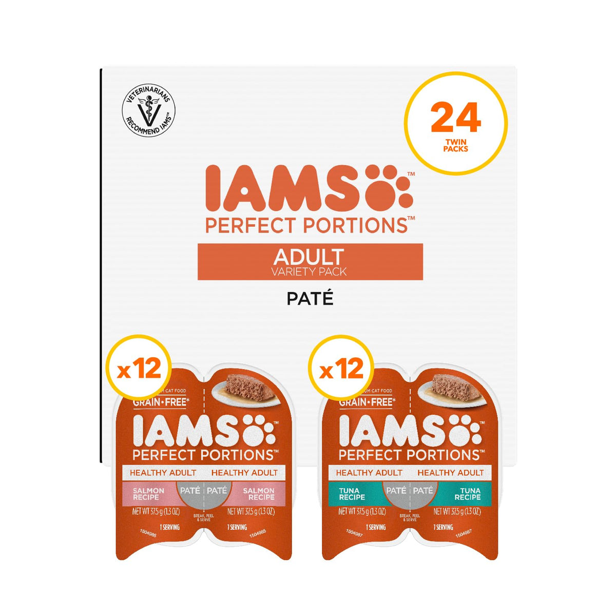 IAMS Perfect Portions Pate Wet Cat Food, Variety, 12 Count, 2-Pack | Grain-free, prebiotics & beet pulp for easy digestion, Omega 6 & 3 for skin & coat, snap-peel-serve 2.6 oz. twin-pack trays