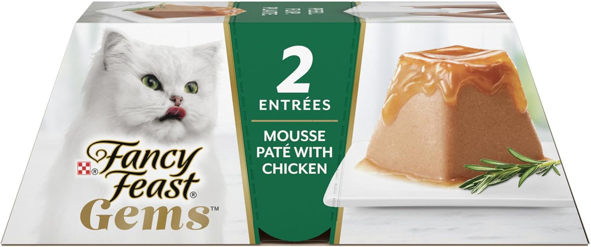 Purina Fancy Feast Gems Chicken Wet Cat Food Variety Box, 4 oz, 8-Pack | 16 single servings, mousse pate with savory gravy, made with no artificial preservatives, 100 percent complete and balanced