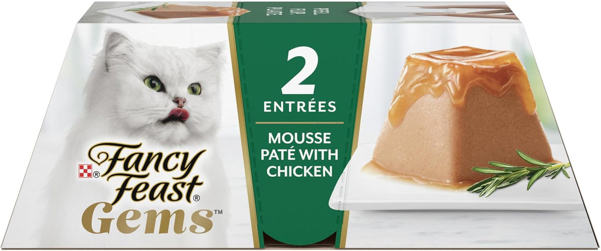 Purina Fancy Feast Gems Chicken Wet Cat Food Variety Box, 4 oz, 8-Pack | 16 single servings, mousse pate with savory gravy, made with no artificial preservatives, 100 percent complete and balanced