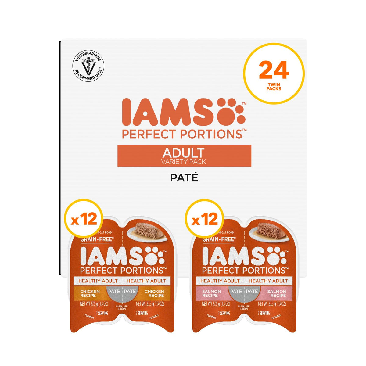 IAMS Perfect Portions Pate Wet Cat Food, Variety, 12 Count, 2-Pack | Grain-free, prebiotics & beet pulp for easy digestion, Omega 6 & 3 for skin & coat, snap-peel-serve 2.6 oz. twin-pack trays