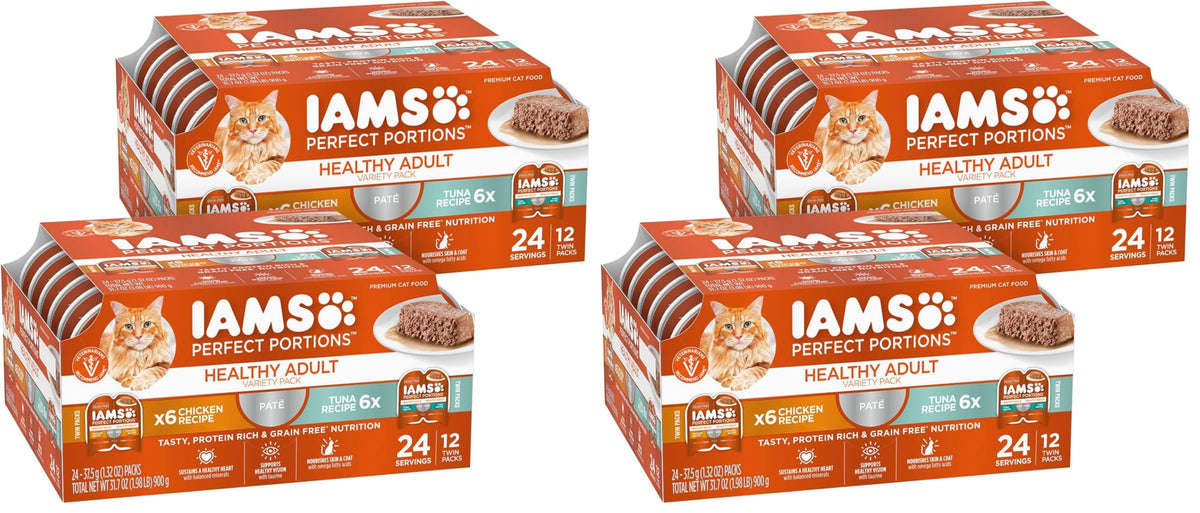 IAMS Perfect Portions Pate Wet Cat Food, Variety, 12 Count, 2-Pack | Grain-free, prebiotics & beet pulp for easy digestion, Omega 6 & 3 for skin & coat, snap-peel-serve 2.6 oz. twin-pack trays