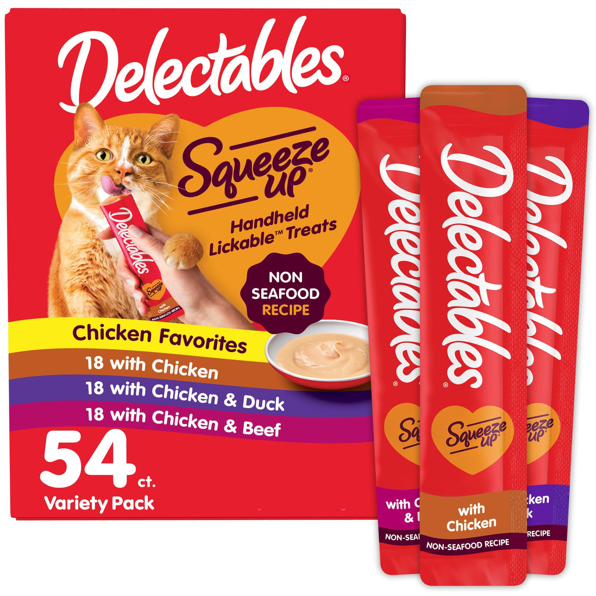 Delectables Squeeze Up Non-Seafood Variety Pack, Creamy Squeezable Puree, Lickable Wet Cat Treats, Grain Free, No Added Fillers, No By-Products, No Added Preservatives, 0.5 Ounces Tube, 72 Tubes Total