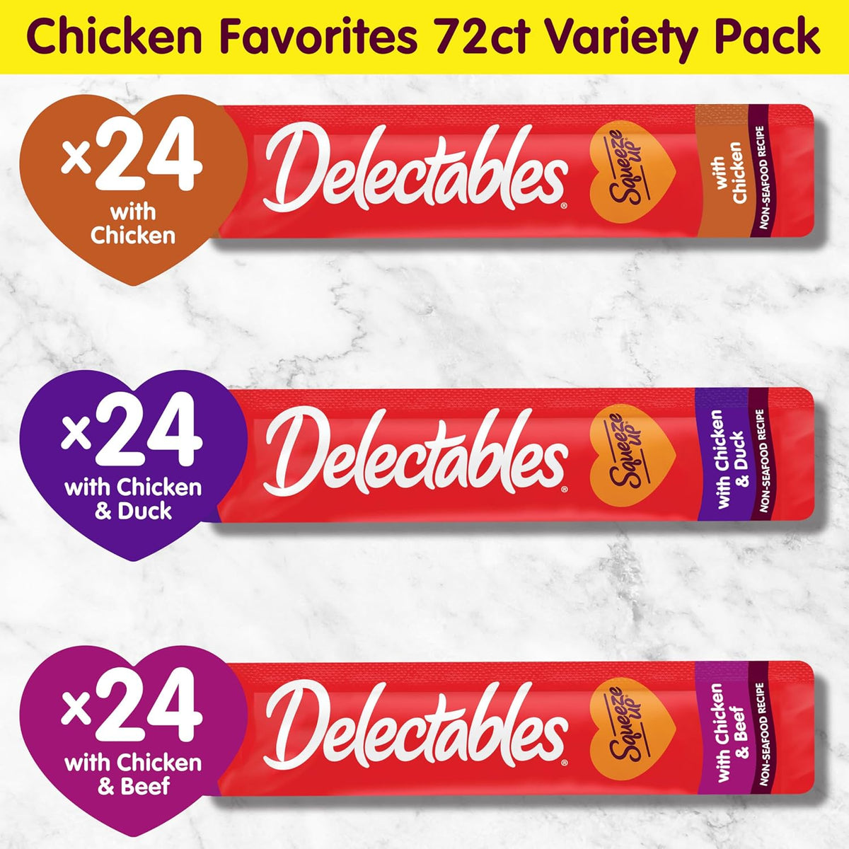 Delectables Squeeze Up Non-Seafood Variety Pack, Creamy Squeezable Puree, Lickable Wet Cat Treats, Grain Free, No Added Fillers, No By-Products, No Added Preservatives, 0.5 Ounces Tube, 72 Tubes Total