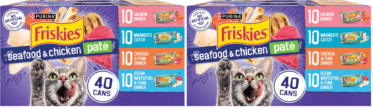 Purina Friskies Pate Variety Pack Seafood Chicken Cat Food, 48 Ct, 5.5 oz | Smooth pate texture in seafood and chicken flavors delivers complete balanced nutrition, supports weight management