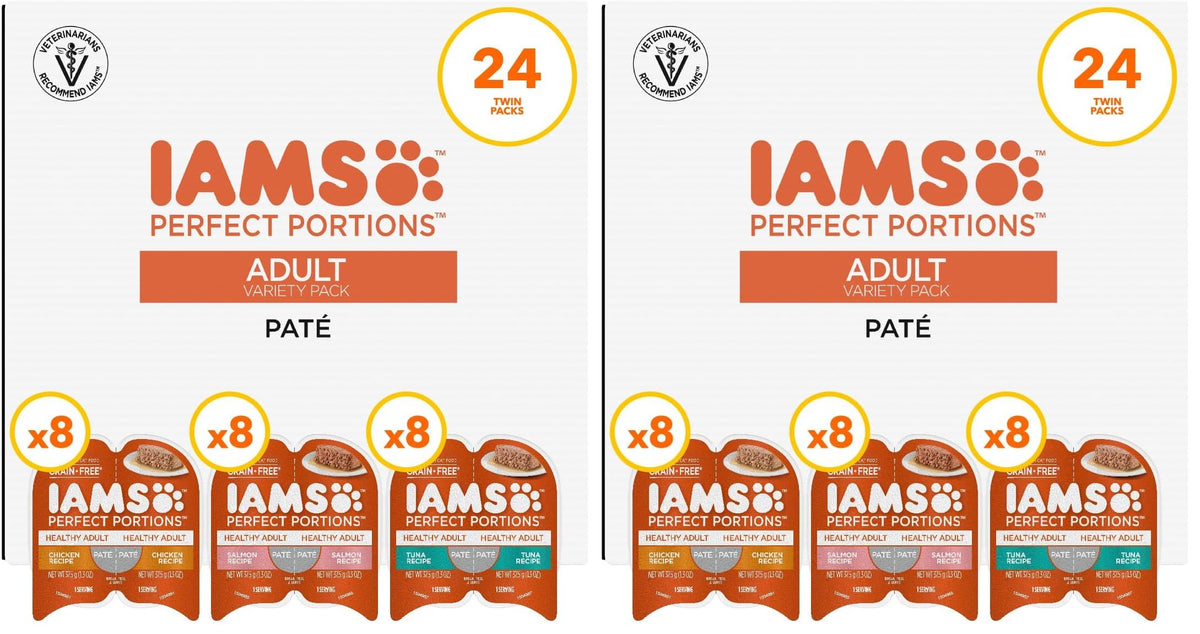 IAMS Perfect Portions Pate Wet Cat Food, Variety, 12 Count, 2-Pack | Grain-free, prebiotics & beet pulp for easy digestion, Omega 6 & 3 for skin & coat, snap-peel-serve 2.6 oz. twin-pack trays