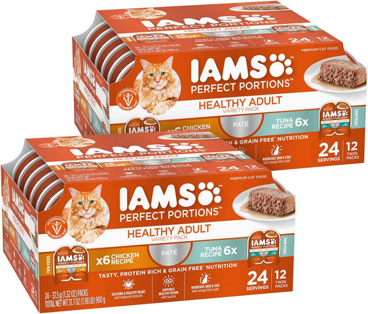 IAMS Perfect Portions Pate Wet Cat Food, Variety, 12 Count, 2-Pack | Grain-free, prebiotics & beet pulp for easy digestion, Omega 6 & 3 for skin & coat, snap-peel-serve 2.6 oz. twin-pack trays