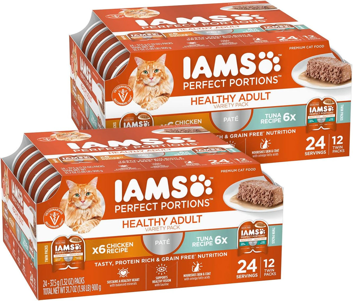 IAMS Perfect Portions Pate Wet Cat Food, Variety, 12 Count, 2-Pack | Grain-free, prebiotics & beet pulp for easy digestion, Omega 6 & 3 for skin & coat, snap-peel-serve 2.6 oz. twin-pack trays