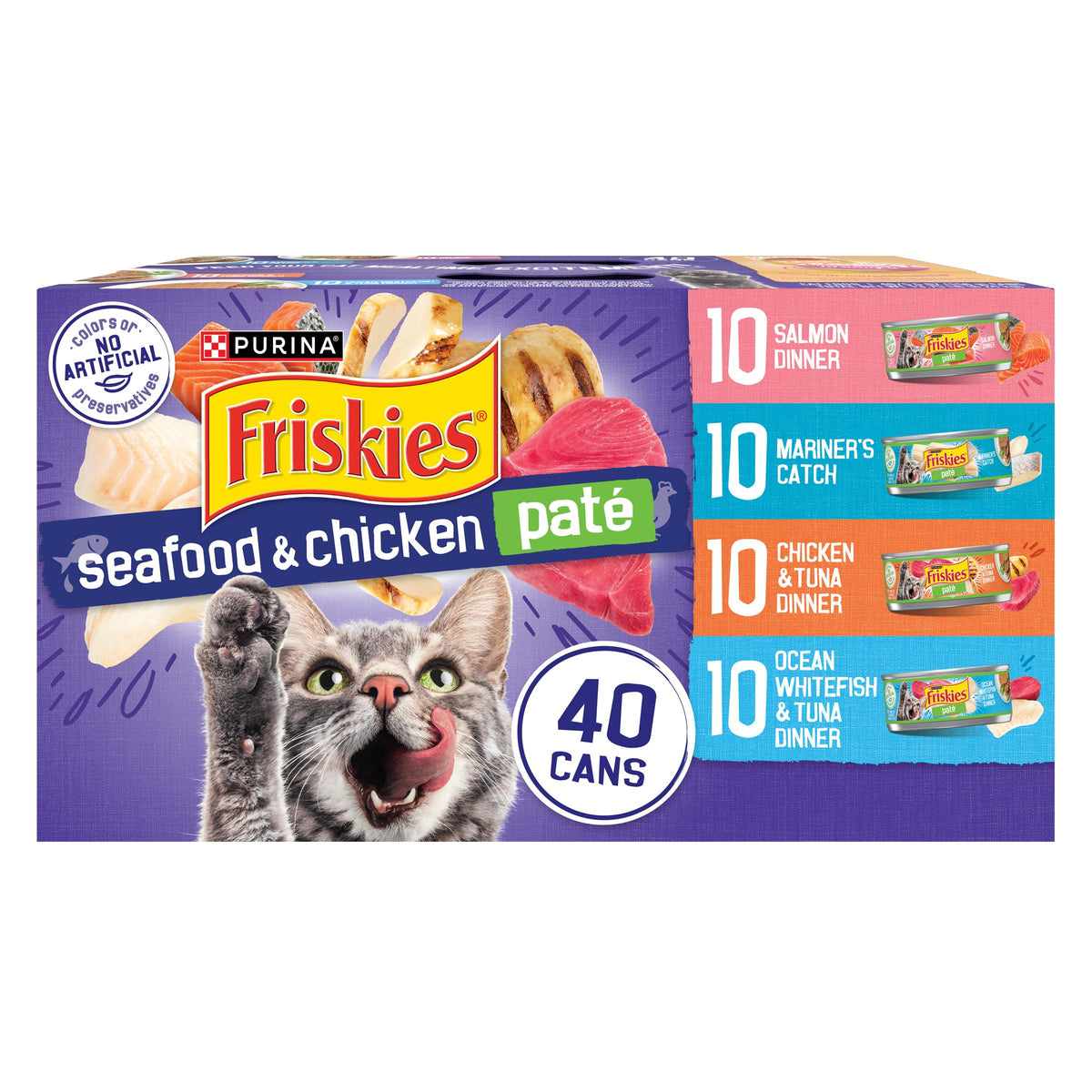 Purina Friskies Pate Variety Pack Seafood Chicken Cat Food, 48 Ct, 5.5 oz | Smooth pate texture in seafood and chicken flavors delivers complete balanced nutrition, supports weight management